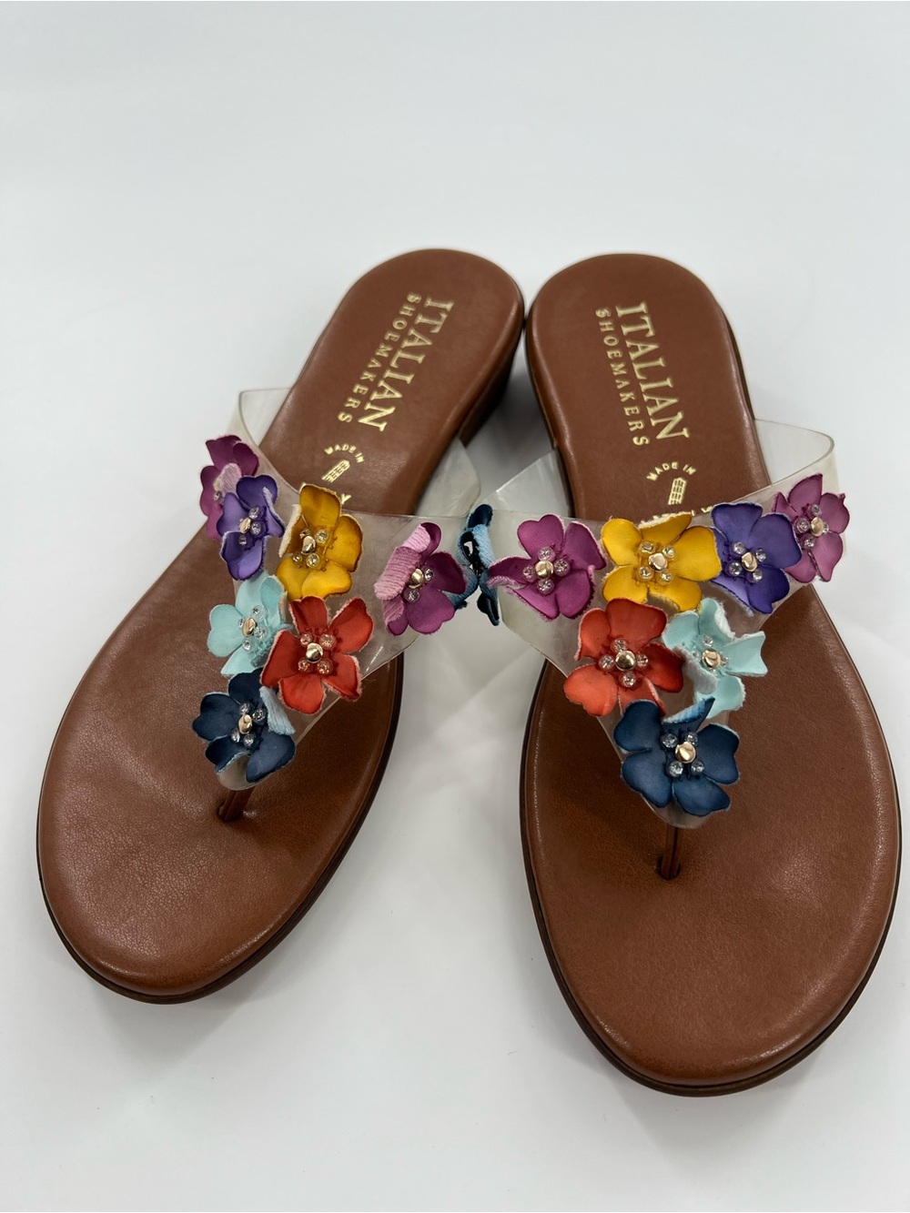 Italian Shoemakers Brown Thong Sandals with Multicolor Flower Accents